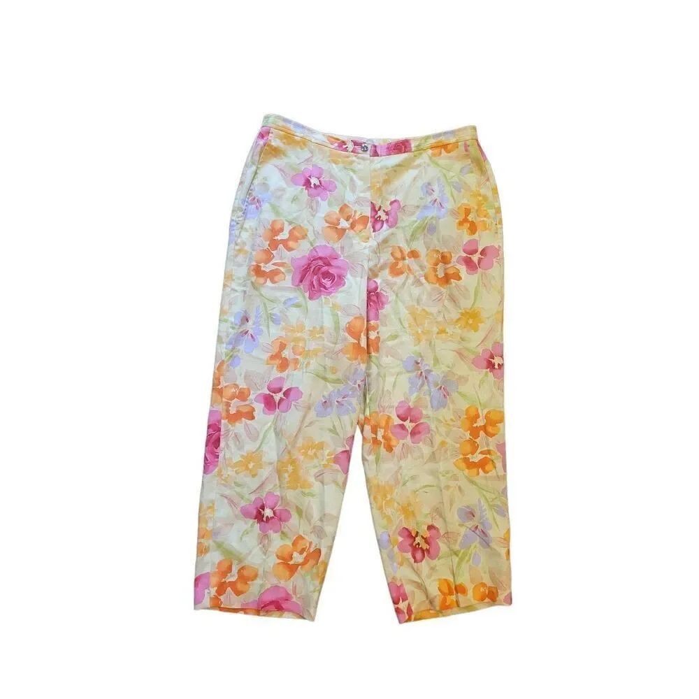 Vintage Pants Women's 14 Yellow Floral Watercolor Linen Blend Cropped